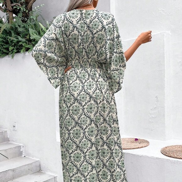 Multicolor Boho Women Full Print V-Neck Batwing Sleeve Side Slit Long Maxi Dress - Picture 2 of 5